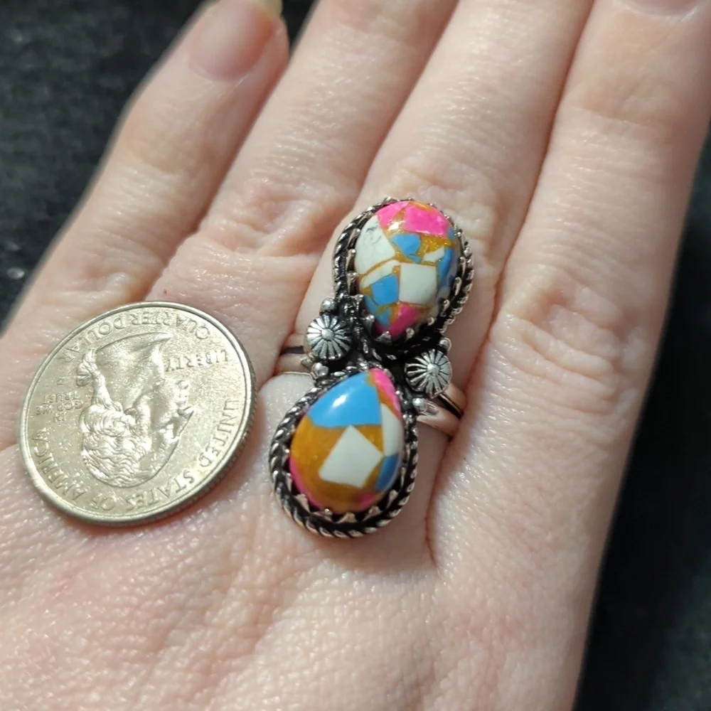 Silver Plated Pink Blue Cotton Candy Dahlia Turquoise Gemstone Statement Ring